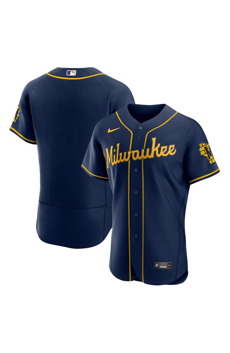 Nike Men's Nike Navy Milwaukee Brewers Alternate Authentic Team Logo Jersey, Main, color,