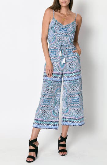 Tart Bloom Sleeveless Crop Wide Leg Jumpsuit In Sunset Tiles
