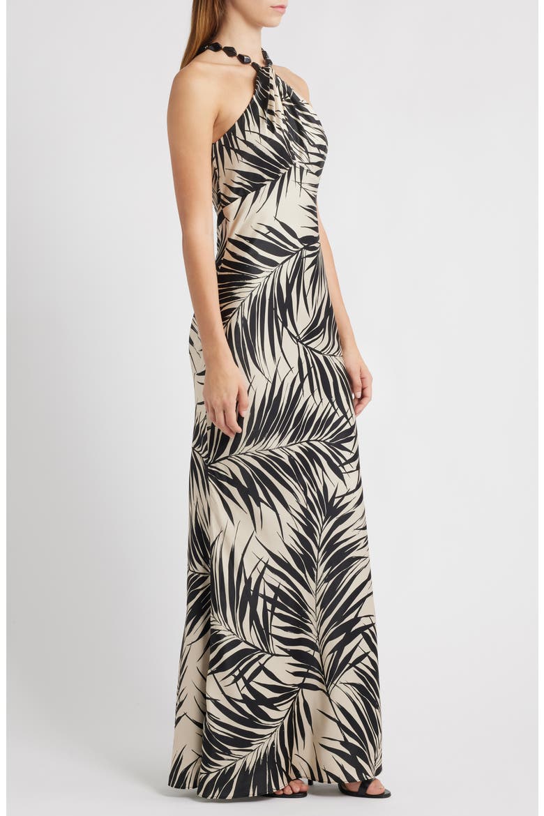 Bead Detail Palm Print Satin Sheath Gown, Alternate, color, BLACK
