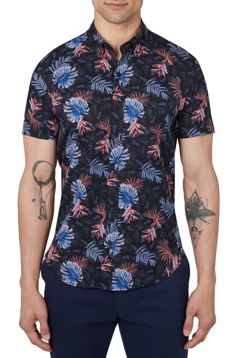 Palm Print Performance Shirt, Main, color, BLACK