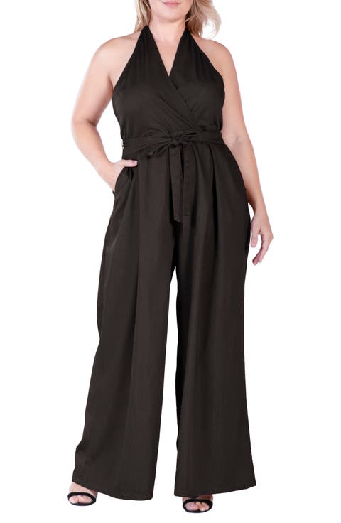 Wide Leg Poplin Halter Jumpsuit (Plus)