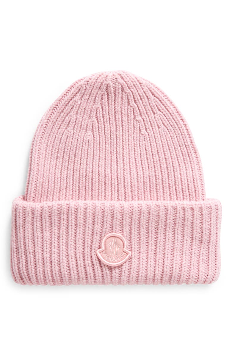 Moncler Logo Patch Rib Wool Beanie, Main, color, Pink