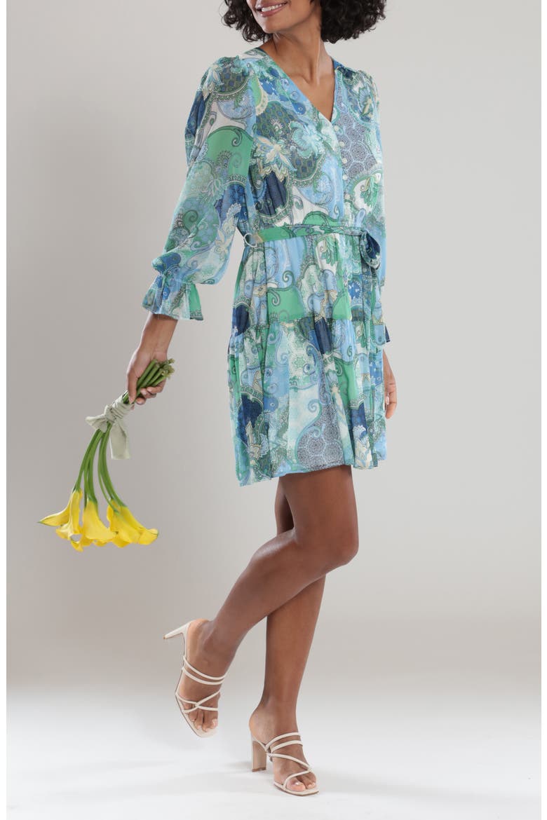 Button Front Tiered Paisley Dress, Alternate, color, WHITE/ BLUE