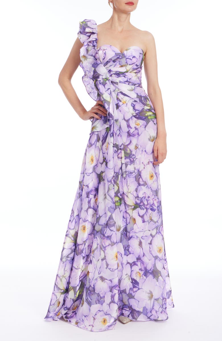 Badgley Mischka Collection Floral Print Ruffle One-Shoulder Gown, Main, color, Lilac Multi