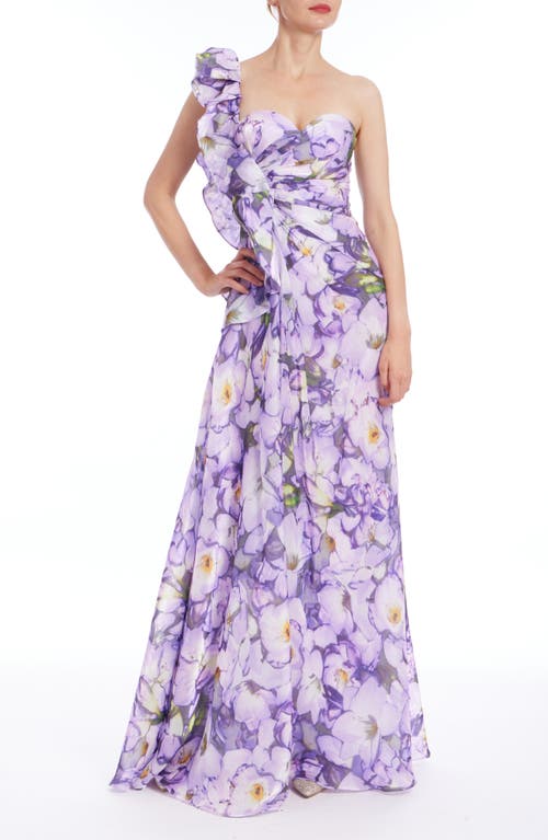 Badgley Mischka Collection Floral Print Ruffle One-shoulder Gown In Lilac Multi