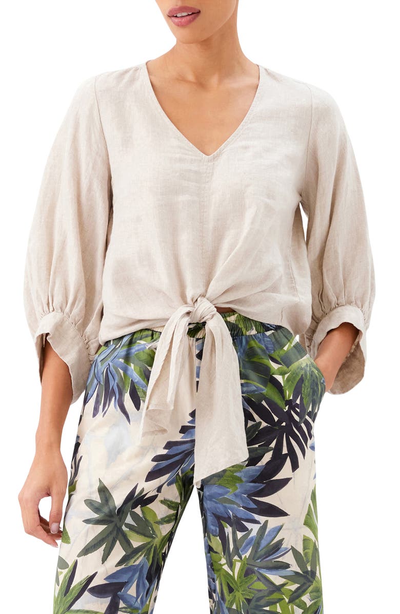Karen Kane Tie Front Linen Top, Main, color, Oatmeal