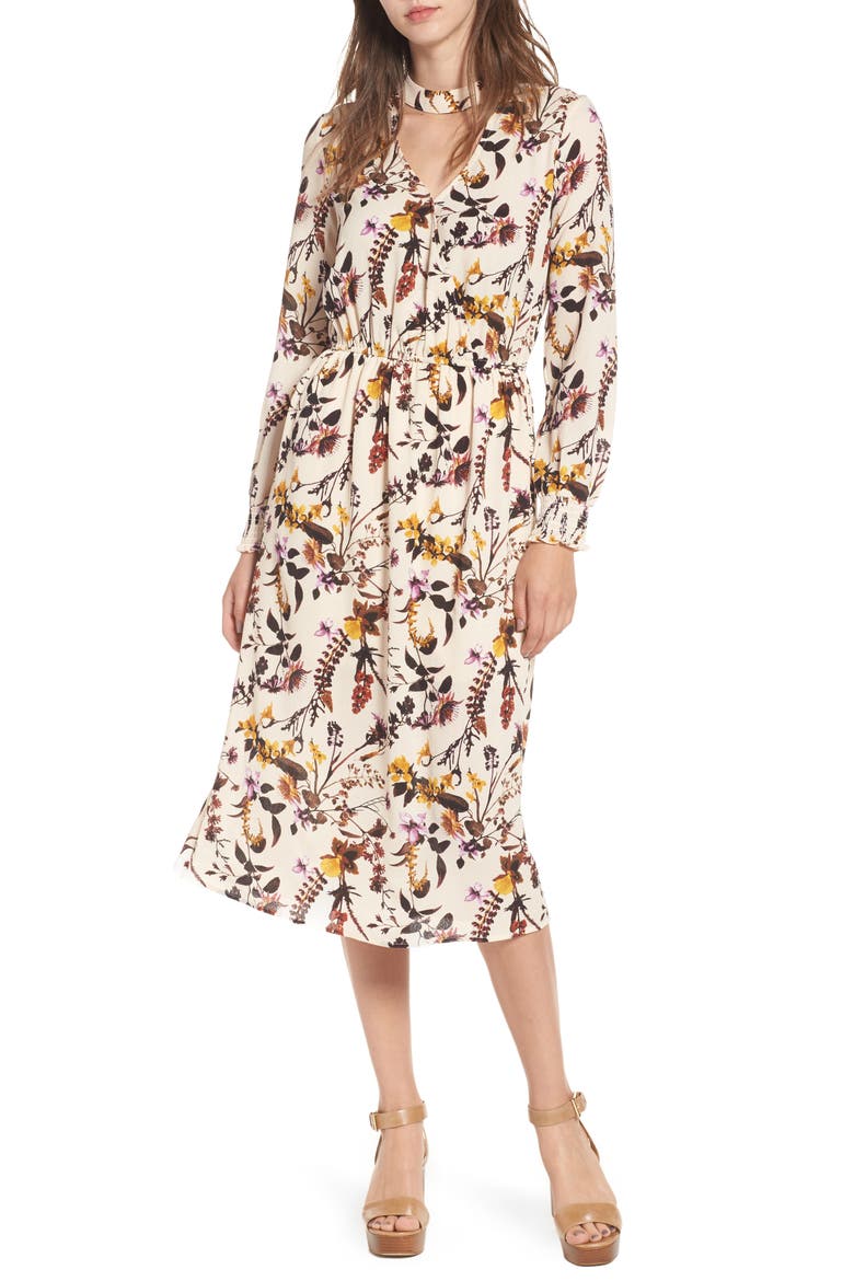 Gigi Floral Surplice Midi Dress, Main, color, NUDE FLORAL