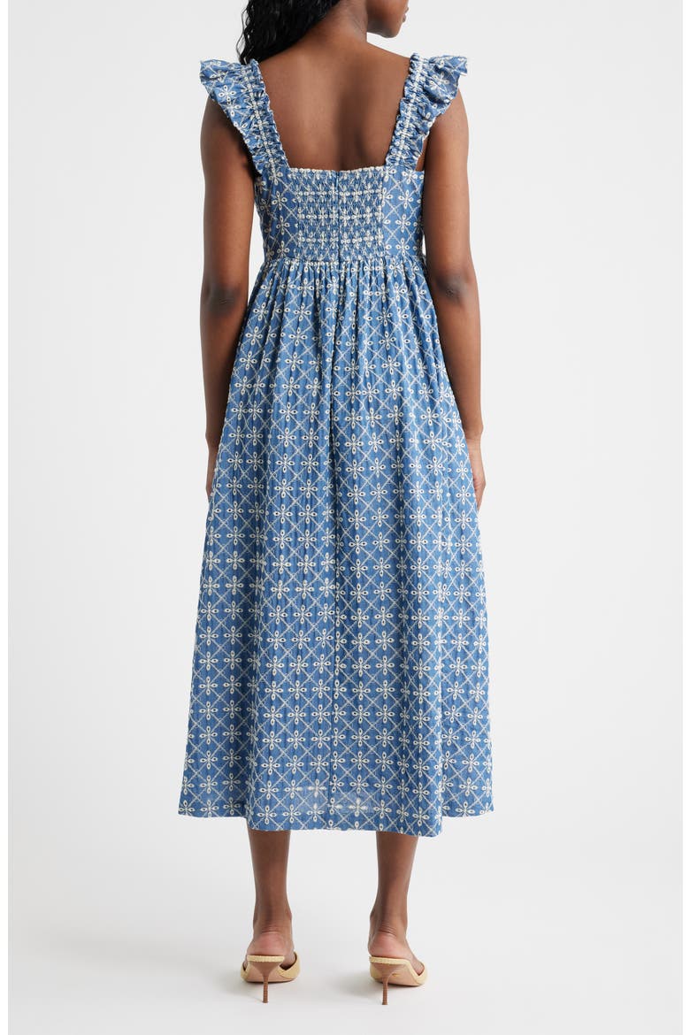 Embroidered Flutter Sleeve Cotton Blend Midi Dress, Alternate, color, BLUE