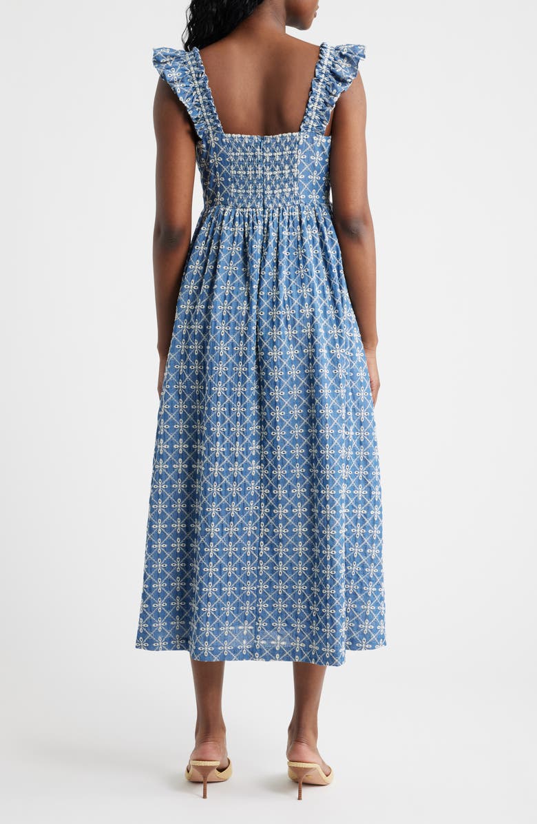 MOON RIVER Embroidered Flutter Sleeve Cotton Blend Midi Dress, Alternate, color, Blue