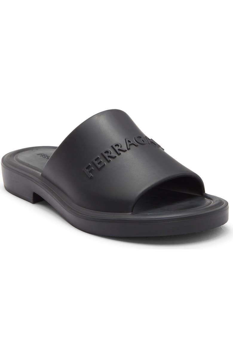 FERRAGAMO Giuneva Logo Embossed Slide Sandal, Main, color, Black