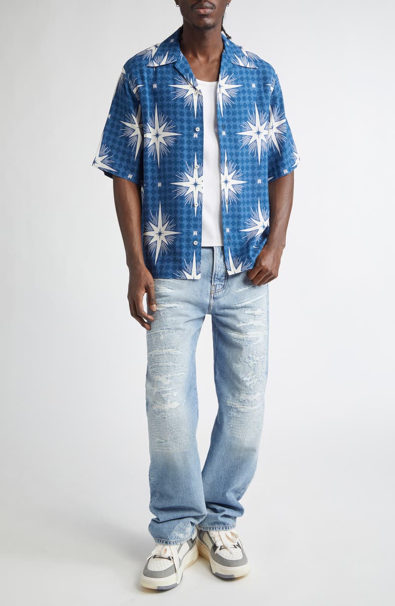 AMIRI Starburst Print Camp Shirt, Alternate, color, Blue