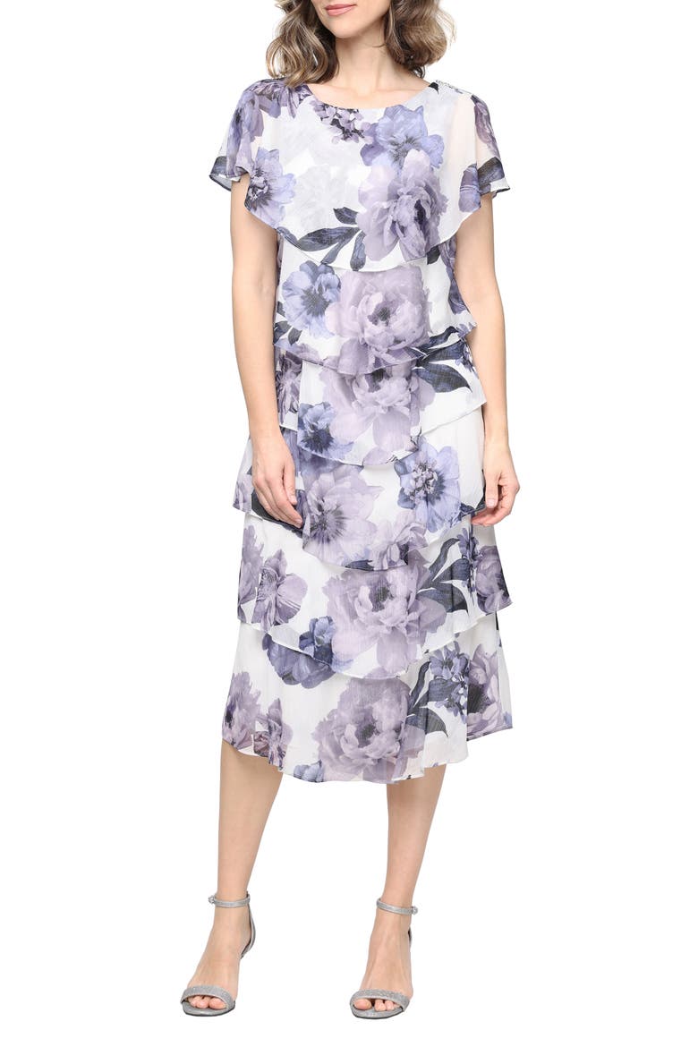 Floral Ruffle Tier Chiffon Midi Dress, Main, color, IVO/ BLUE
