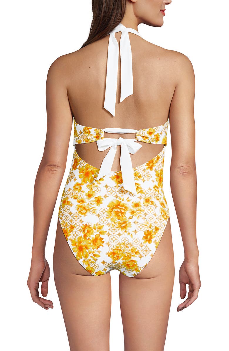 Lands' End Halter Cut Out High Leg One Piece Swimsuit, Alternate, color, Yellow Mosaic Floral/White