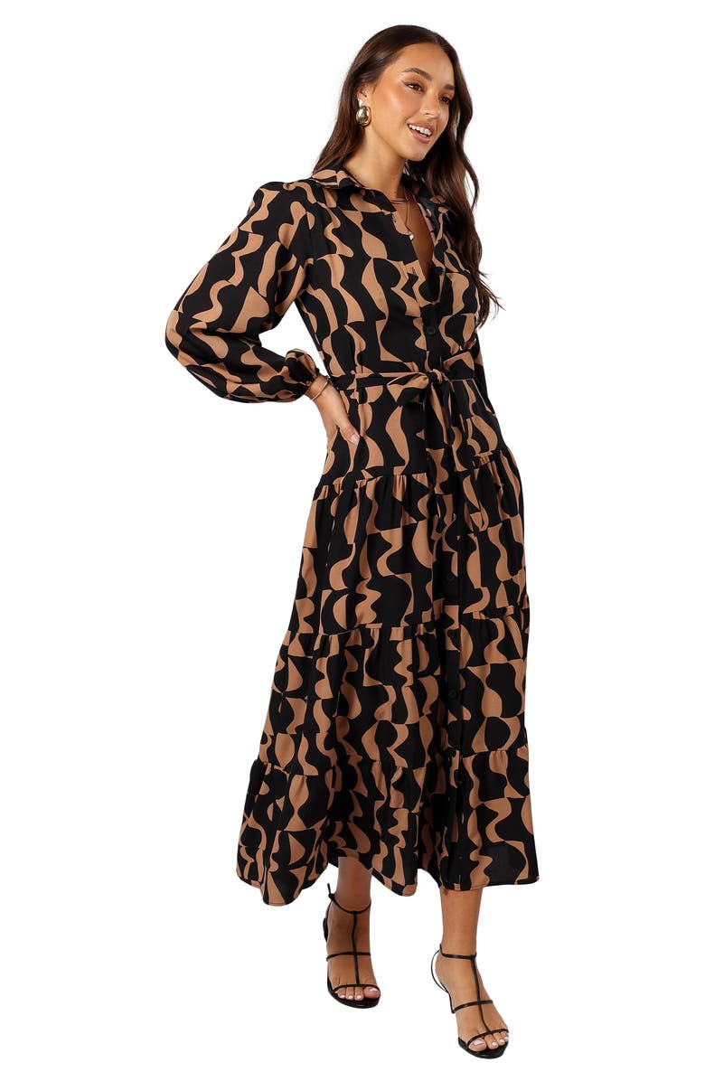 Petal & Pup Lincoln Tie Waist Long Sleeve Maxi Dress, Alternate, color, Black/ Beige