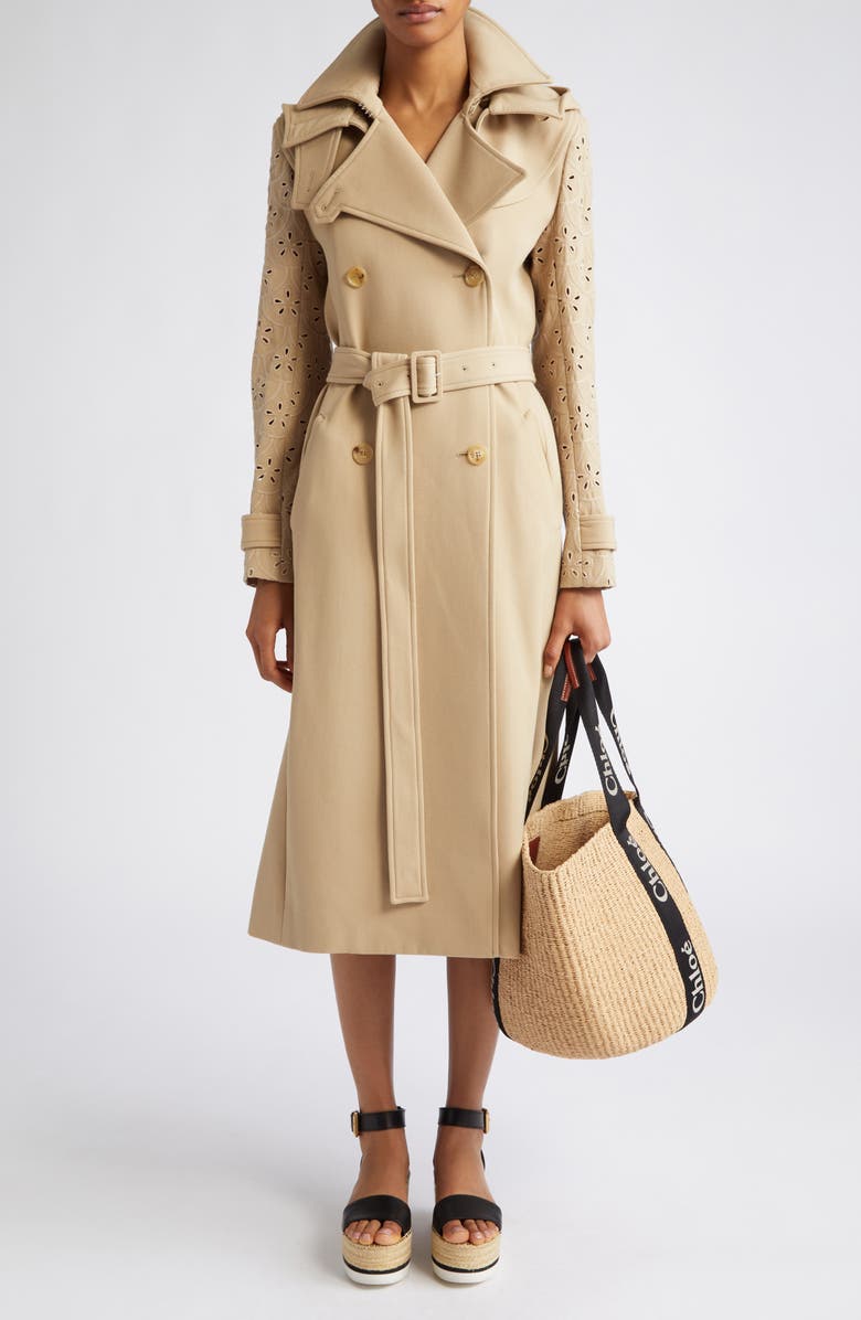 Chloé Eyelet Sleeve Virgin Wool Gabardine Trench Coat, Main, color,