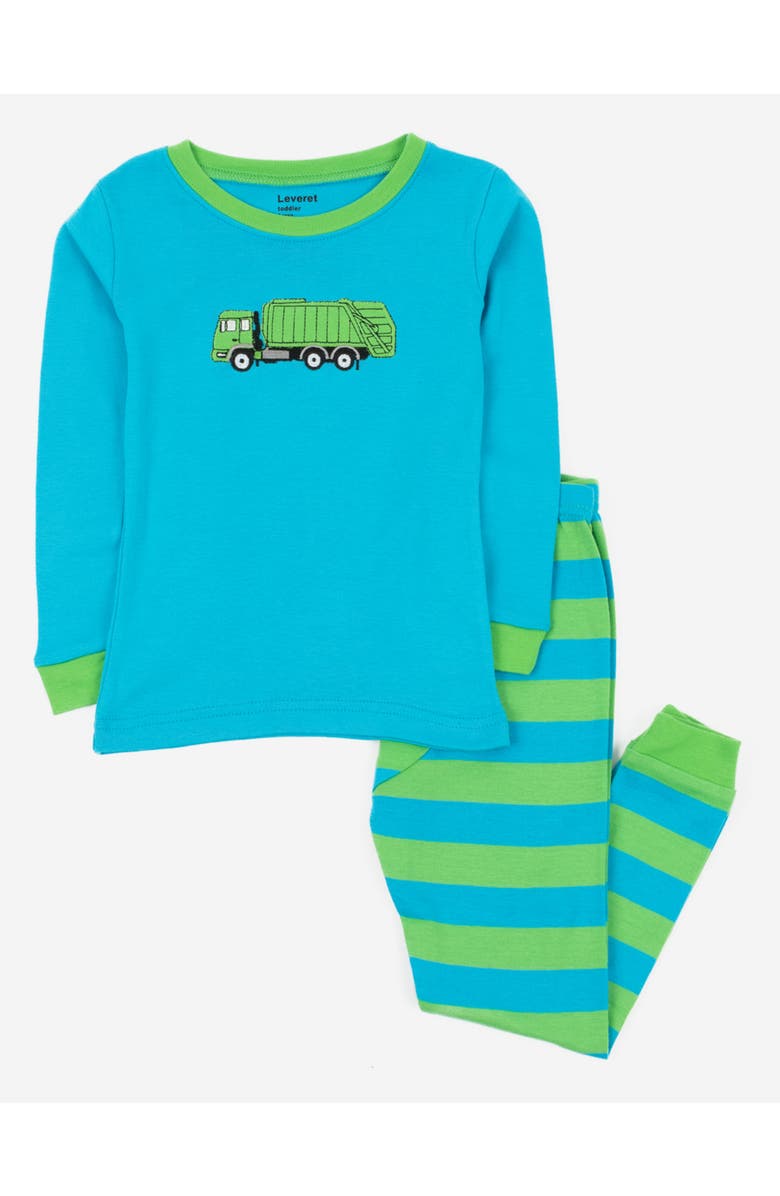 Leveret Cotton Two-Piece Printed Pajamas, Vehicles & Machines, Main, color, Garbage Truck Blue/Green