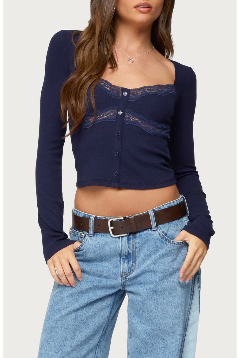 Kathi Lace Trim Long Sleeve Button-Up Shirt, Main, color, NAVY