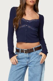 EDIKTED Kathi Lace Trim Long Sleeve Button-Up Shirt