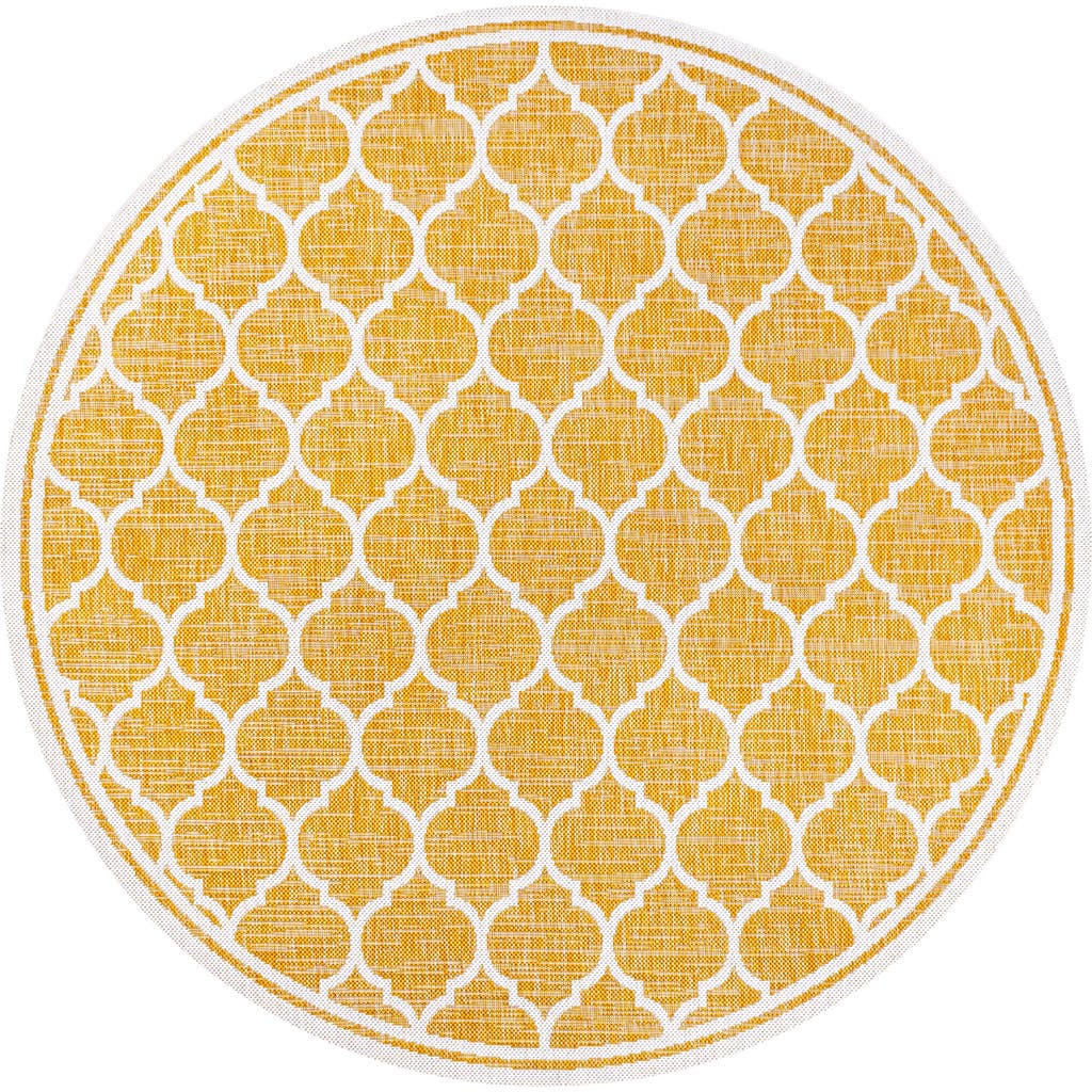 Jonathan Y Trebol Moroccan Trellis Textured Weave Indoor/outdoor Round Area Rug In Yellow/cream