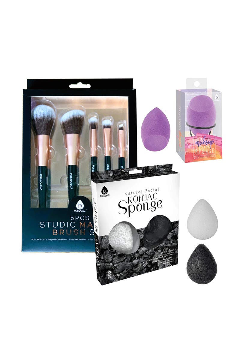 PURSONIC Facial Makeup Blender Sponge + Natural Facial Konjac Sponge Duo Set(3 pack) + 5 Pcs Studio Makeup Brush Set, Main, color, Multicolor