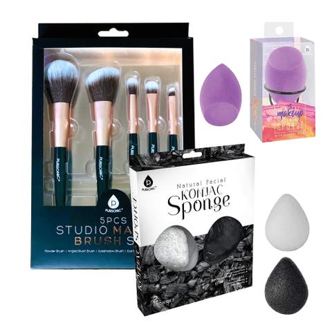 Facial Makeup Blender Sponge + Natural Facial Konjac Sponge Duo Set(3 pack) + 5 Pcs Studio Makeup Brush Set