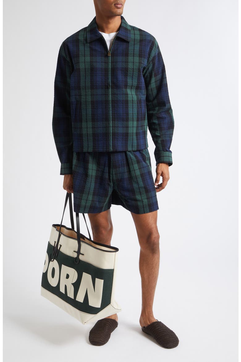 Plaid Cotton Seersucker Shorts, Alternate, color, NAVY/ GREEN