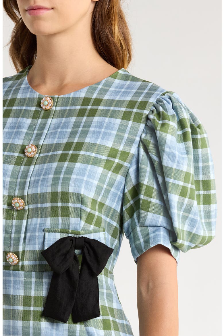 Foyer Check Puff Sleeve Minidress, Alternate, color, GREEN