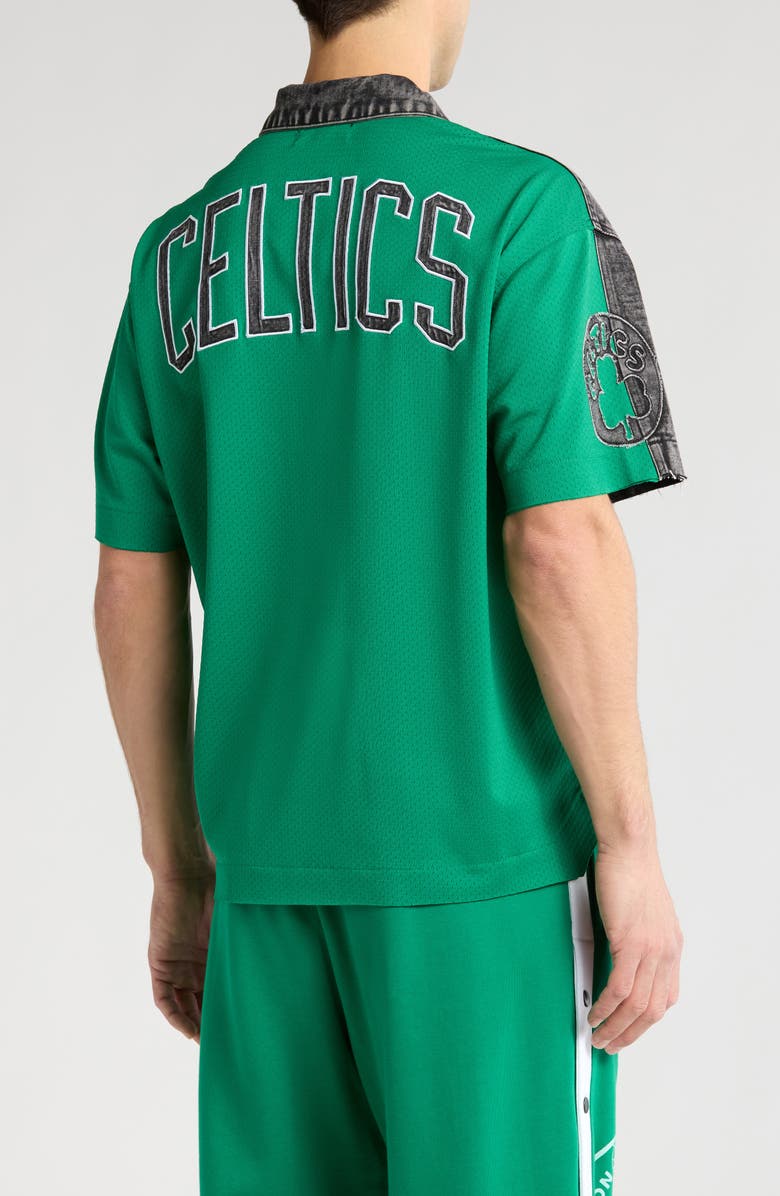 PURPLE BRAND Boston Celtics Mixed Media Short Sleeve Snap-Up Graphic Shirt, Alternate, color,