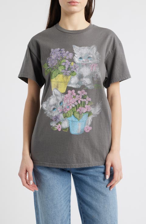 Cats & Flowers Cotton Graphic T-Shirt