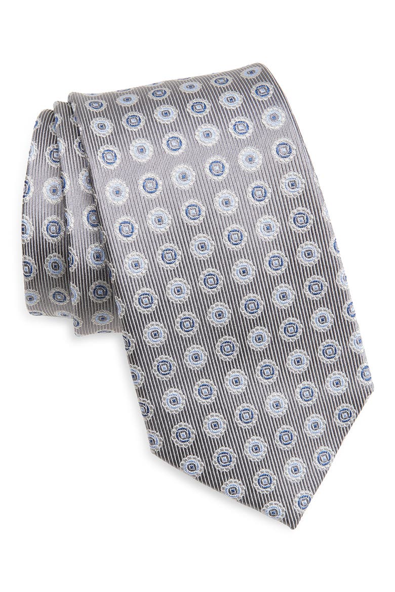 Medallion Jacquard Silk Tie, Main, color, SILVER