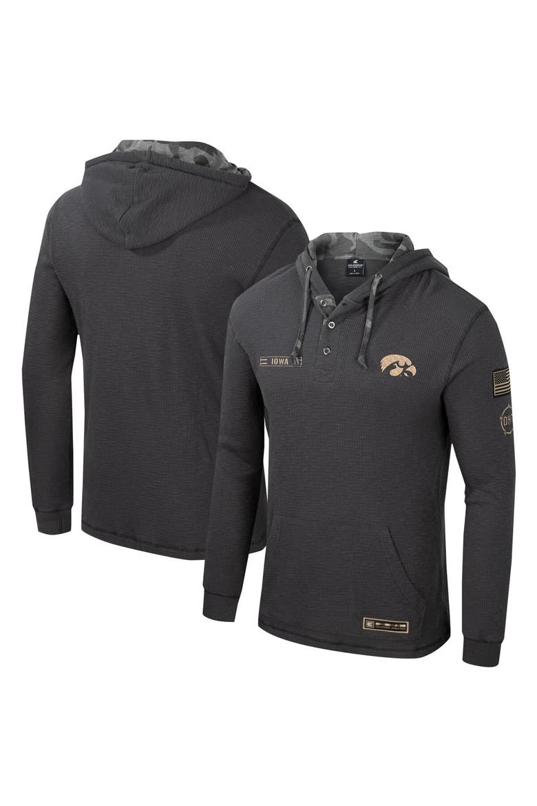 Men's Colosseum Charcoal Iowa Hawkeyes OHT Military Appreciation Henley Pullover Hoodie, Main, color, Charcoal