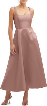Dessy Collection Square Neck Sateen Midi Gown