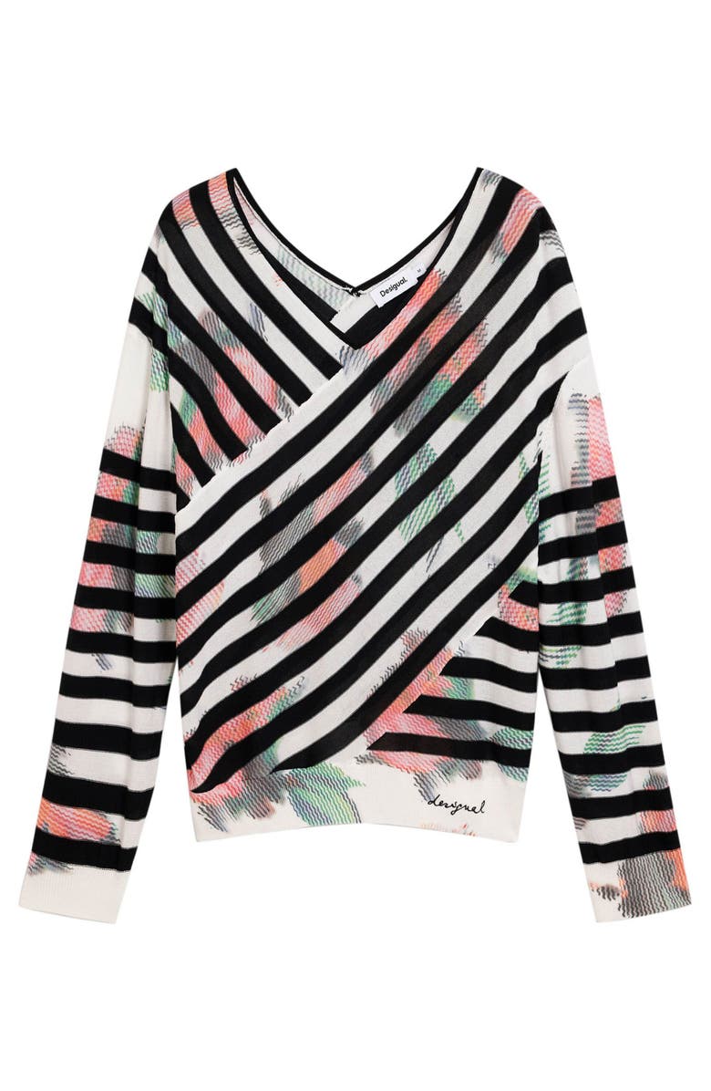 Desigual Stripe Fine Gauge Surplice Neck Sweater, Alternate, color, 