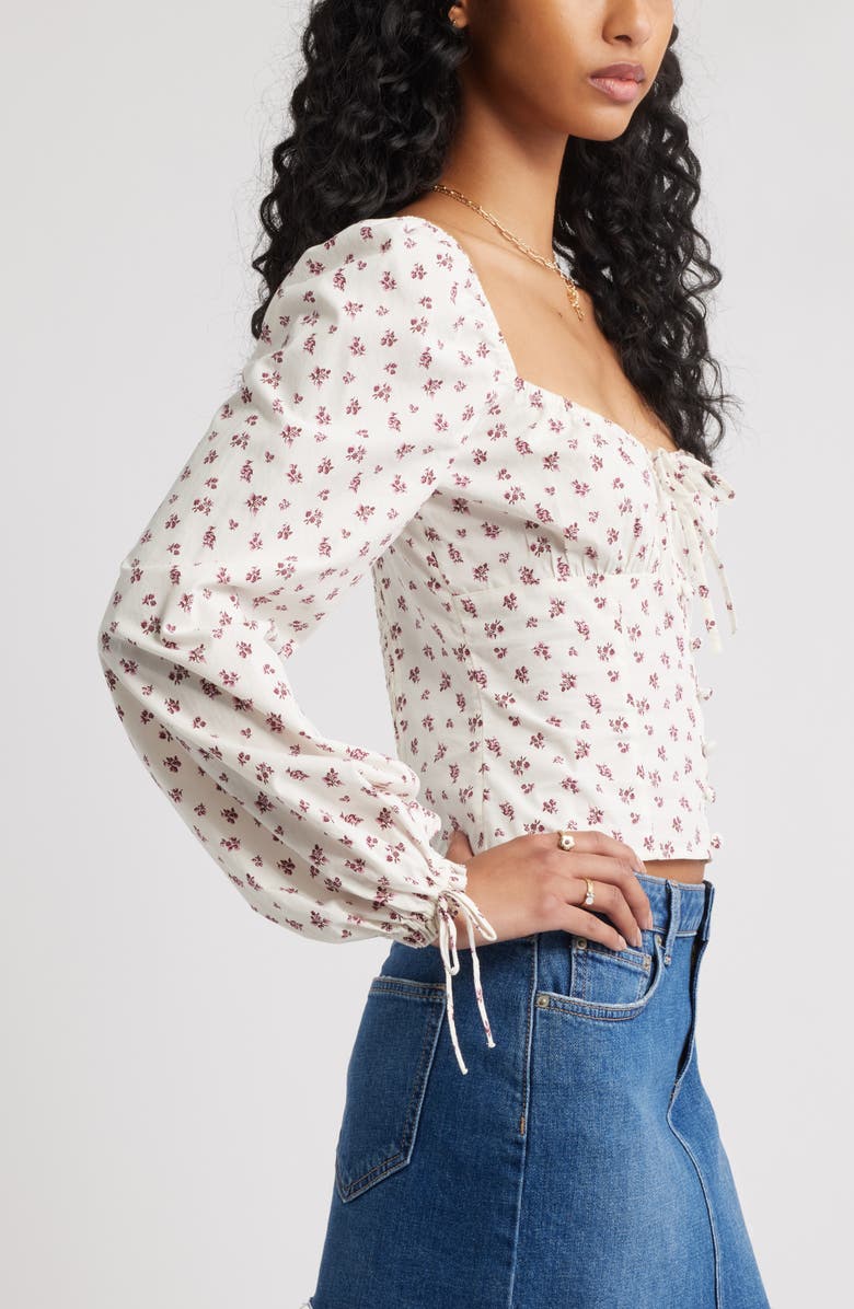 BP. Long Sleeve Corset Cotton Crop Top, Alternate, color, Ivory- Pink Lena Floral