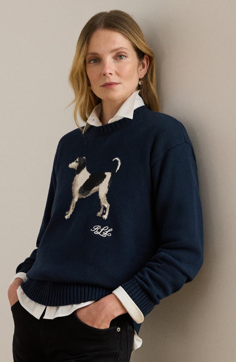 Lauren Ralph Lauren Intarsia Beagle Cotton Sweater, Alternate, color, Lauren Navy
