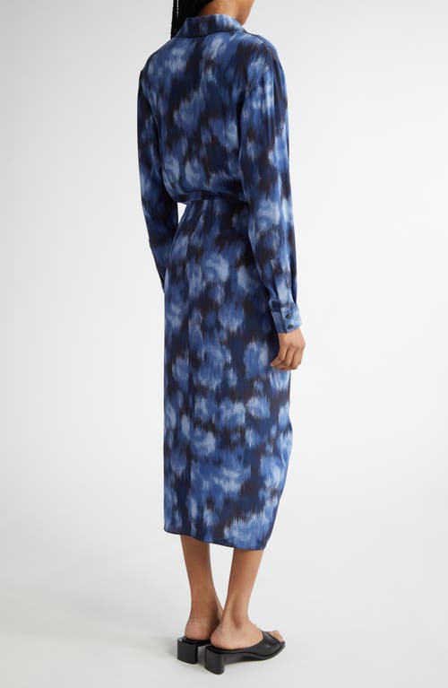 Michael Kors Collection Abstract Print Tie Front Long Sleeve Shirtdress In Blue