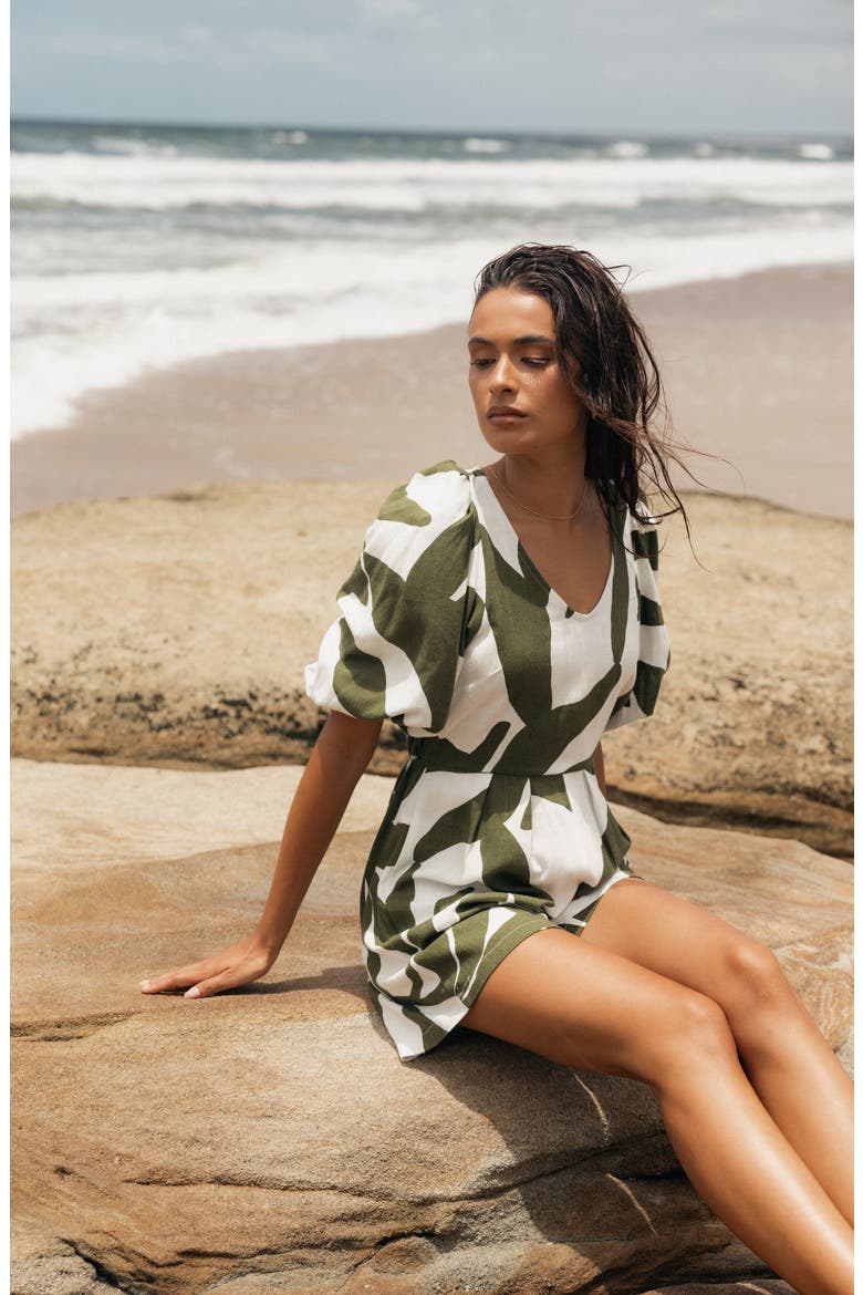 Matilda Print Puff Sleeve Cotton & Linen Romper, Alternate, color, OLIVE PALM