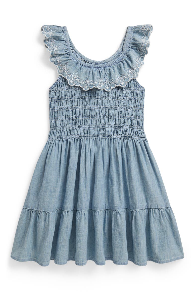 Kids' Embroidered Smocked Bodice Chambray Sundress, Alternate, color, BLUE