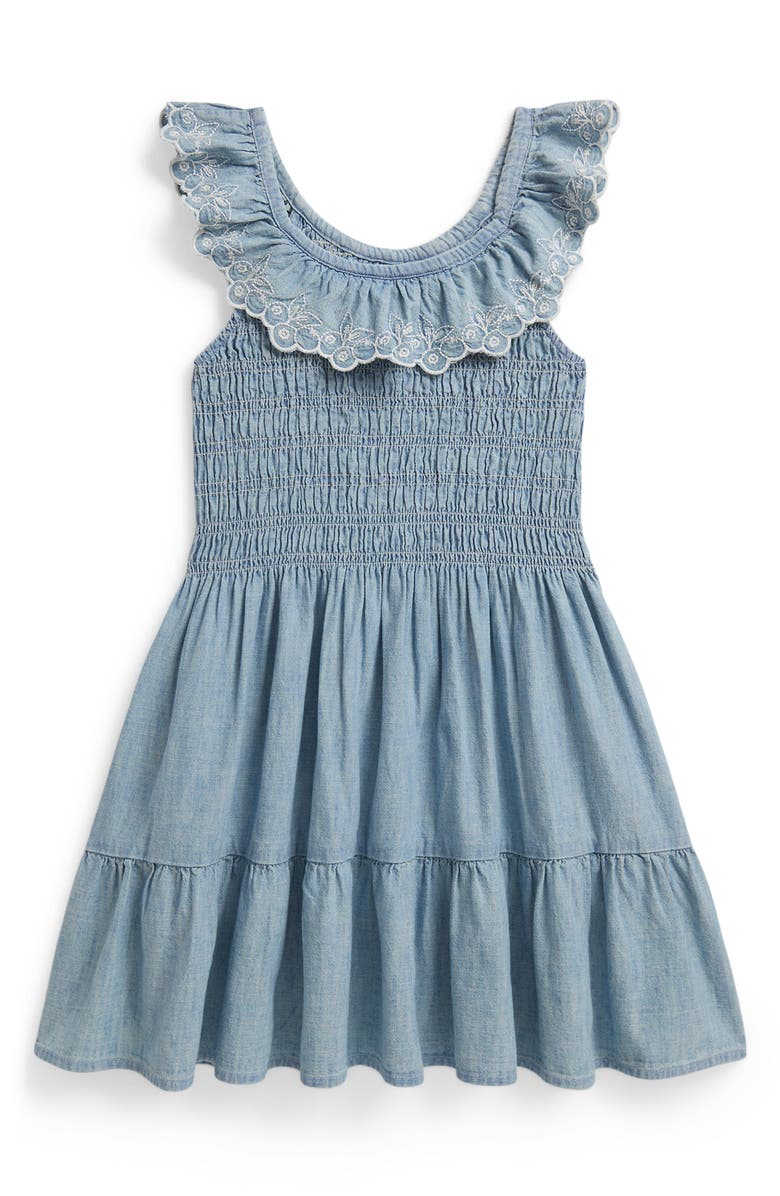 Polo Ralph Lauren Kids' Embroidered Smocked Bodice Chambray Sundress, Alternate, color, New Medium Wash