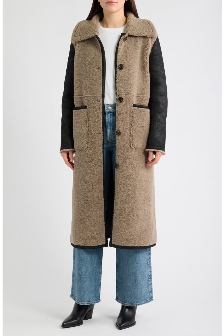 Long Faux Shearling Coat, Main, color, BLACK-TAUPE