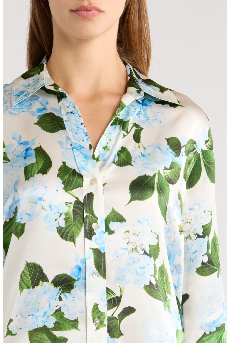 Dani Floral Three-Quarter Sleeve Silk Button-Up Shirt, Alternate, color, IVORY/ LIGHT BLUE HYDRANGEA