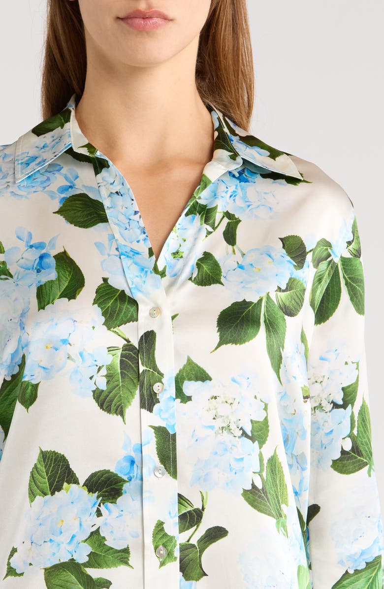 L'AGENCE Dani Floral Three-Quarter Sleeve Silk Button-Up Shirt, Alternate, color, Ivory/ Light Blue Hydrangea