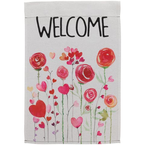 Roses and Hearts Floral "Welcome" Outdoor Garden Flag 18" x 12.5"