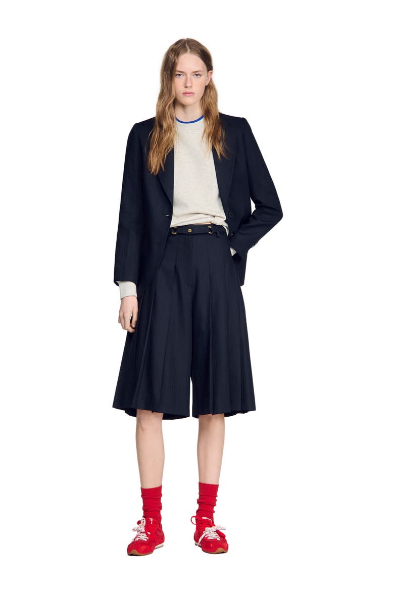 Long pleated wool shorts, Alternate, color, Navy blue