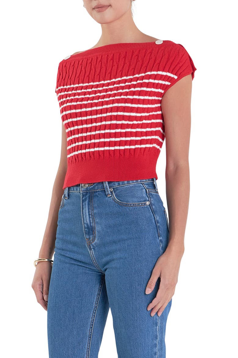 Button Shoulder Stripe Cable Stitch Sweater, Alternate, color, RED/ WHITE
