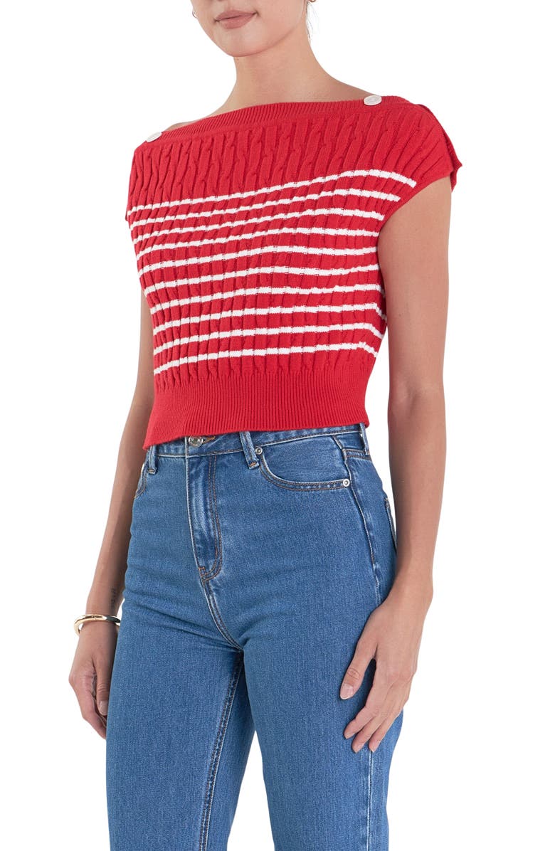 English Factory Button Shoulder Stripe Cable Stitch Sweater, Alternate, color, Red/ White