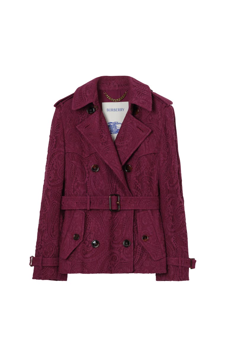 Burberry Short Paisley Lace Foxfield Trench Coat, Main, color, Allium Purple