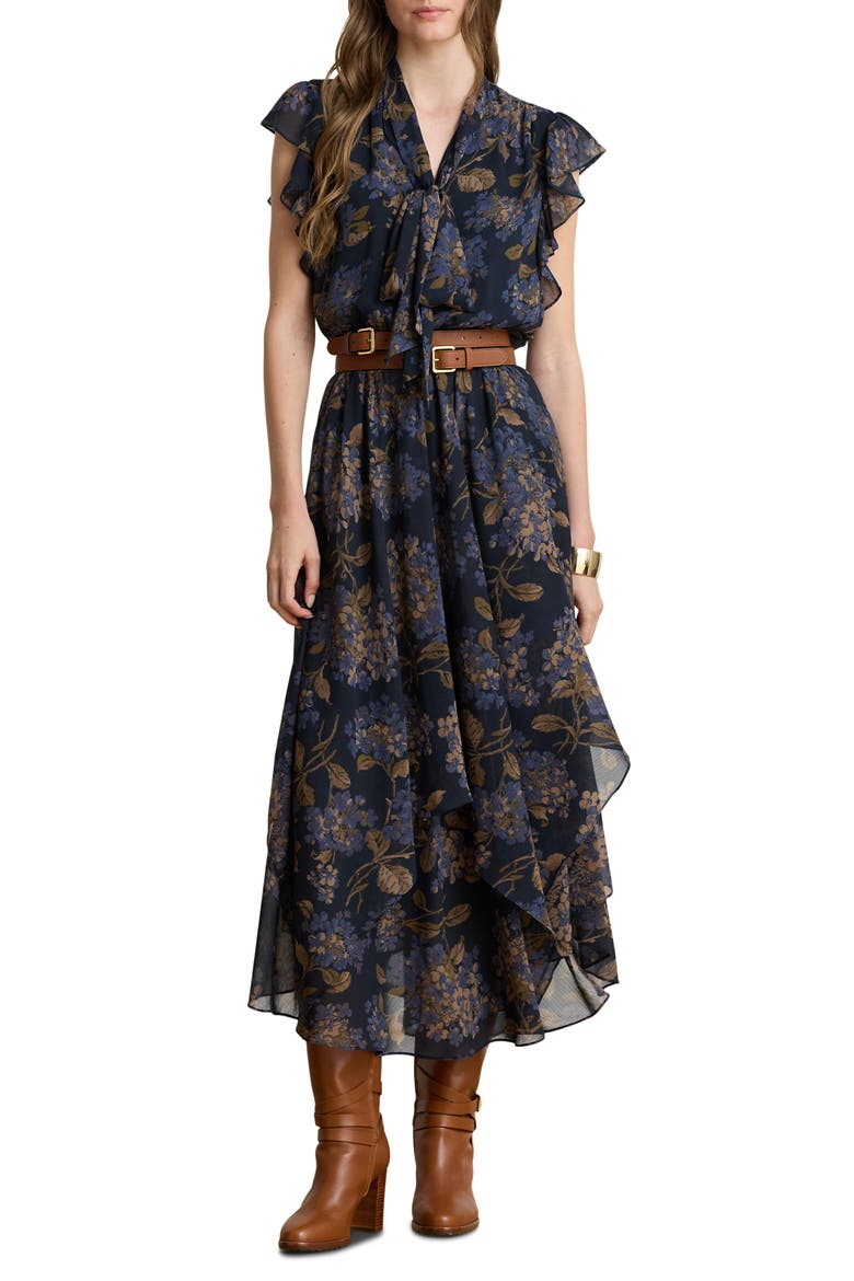 Crinkle Georgette Maxi Dress, Main, color, NAVY BLUE/ MULTI