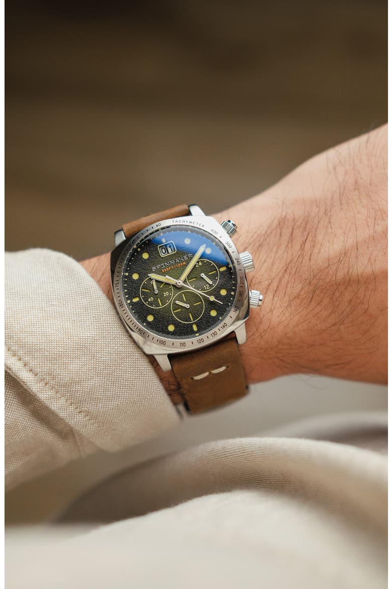 Hull Chronograph Leather Strap Watch, 42mm, Alternate, color, GREEN