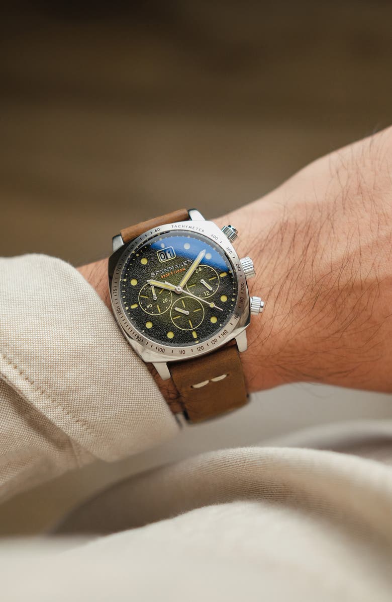 SPINNAKER Hull Chronograph Leather Strap Watch, 42mm, Alternate, color, Green